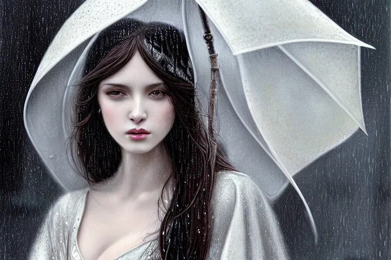 Image similar to highly detailed portrait of a beautiful girl in the rain with wet dark hair and pale skin, ornate elegant silver robes, fantasy, intricate, elegant, dramatic lighting, emotionally evoking symbolic metaphor, highly detailed, lifelike, photorealistic, digital painting, artstation, concept art, smooth, sharp focus, illustration, art by John Collier and Albert Aublet and Krenz Cushart and Artem Demura and Alphonse Mucha