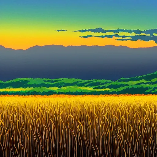 Image similar to sharp focus, breath taking beautiful, Aesthetically pleasing, gouache field of grain at golden hour, digital concept art background by Hayao Miyazaki and Studio Ghibli, fine art, official media, high definition, illustration, ambient lighting, HDR, HD, 8K, award winning, trending, featured, masterful, dynamic, energetic, lively, elegant, intricate, complex, highly detailed, Richly textured, Rich vivid Color, masterpiece.