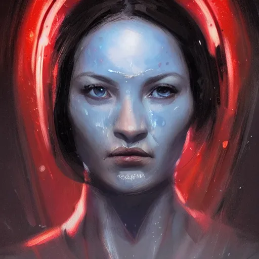 Image similar to portrait of a woman by Greg Rutkowski, blue skin, red eyes, black hair with two strand around her face, authority figure, secretary general of the galactic alliance, wearing black uniform, Star Wars Expanded Universe, highly detailed portrait, digital painting, artstation, concept art, smooth, sharp foccus ilustration, Artstation HQ