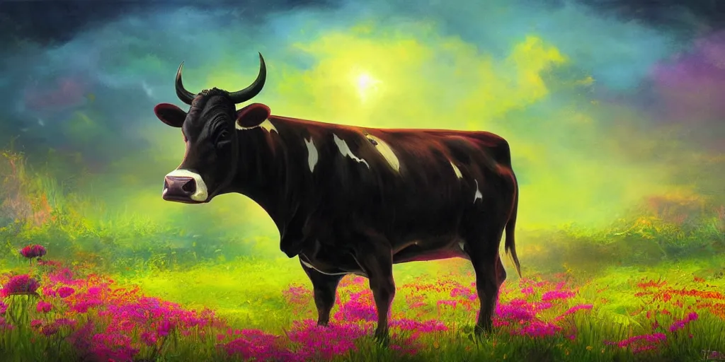 Image similar to fantasy artwork of a cow in a field of glowing flowers