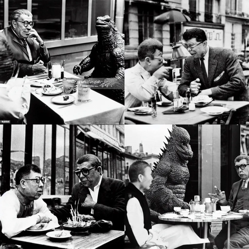 Prompt: godzilla is seated in a restaurant, at the terrace of a parisian cafe and talks with jean - paul sartre