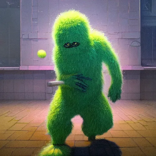 Image similar to highly detailed vfx portrait of a character of a tennis ball monster stephen bliss, chalk, unrealengine, greg rutkowski, loish, rhads, beeple, chalk, makoto shinkai and lois van baarle, ilya kuvshinov, rossdraws, tom bagshaw, basil gogos