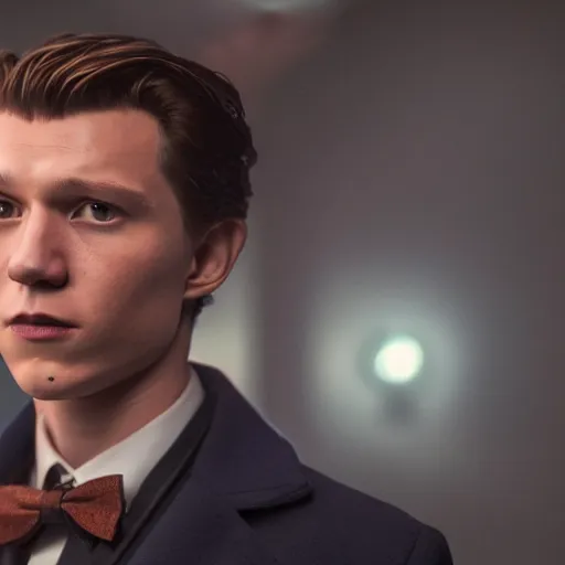 Prompt: tom holland with a beard in a dark blue trenchcoat with an orange bowtie as the new doctor who, cinematic, volumetric lighting, f 8 aperture, cinematic eastman 5 3 8 4 film, photorealistic