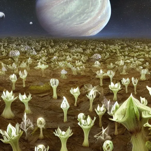 Prompt: datura stramonium planet eerie but beautiful landscape with lifeforms created from datura hallucinations hyper detailed, ultra realistic, 8 k, high quality image,