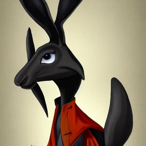 Image similar to anthropomorphic jackrabbit harengon with black skin, wearing stylized monk robes, wearing a very wide brimmed black hat, digital art featured on artstation