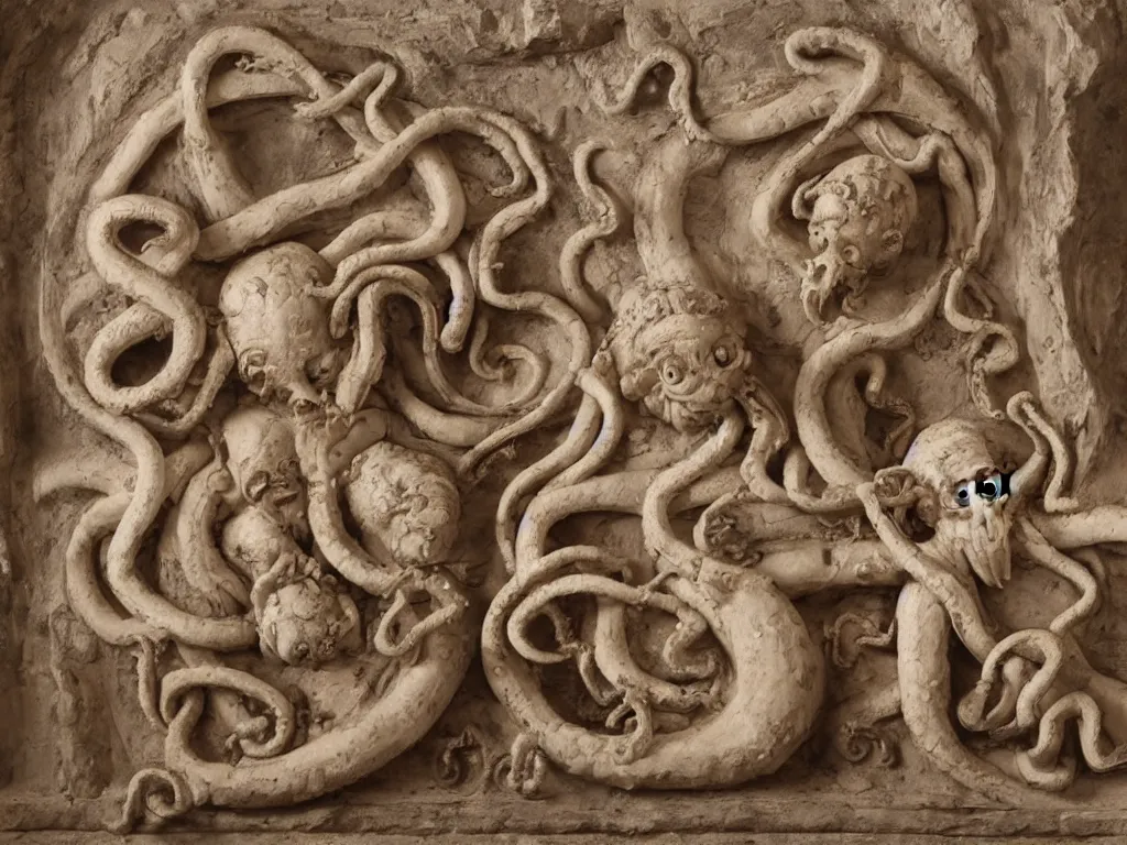 Prompt: twin embryos and octopus with machine gun bas-relief, baroque, highly detailed