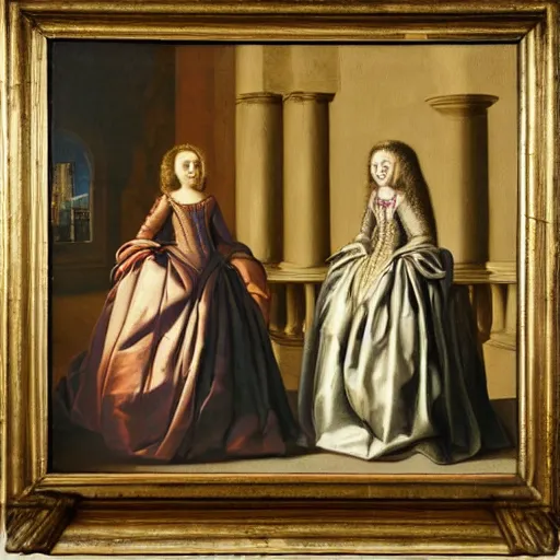 Image similar to fine art, oil on canvas. two women in a vast castle lobby wearing fine clothes, two are women talking close to the windows far from the first two. dark room with light coming through the right side of the place. baroque style 1 6 5 6. high quality recreation of illumination shadows and colors, no distortion on subject faces.