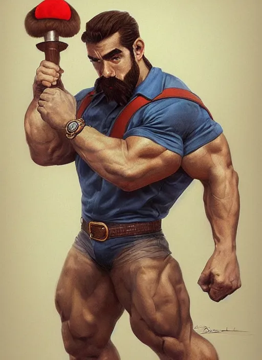 Prompt: gigachad luigi holding a bomb by ilya kuvshinov, bodybuilder ernest khalimov, super mario bros symmetrical face concept art, hyper realistic, intricate, elegent, highly detailed, digital painting, concept art, smooth, sharp, focus, illustration, art by artgerm and greg rutkowski and alphonse mucha, artstation