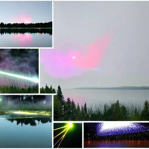 Prompt: collage, lasers and smoke over a lake in the nightime