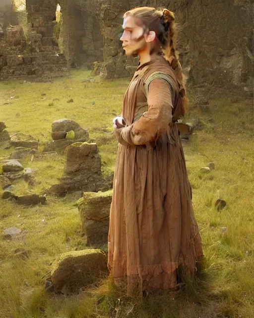 Prompt: a well - lit, realistic portrait painting of a thoughtful girl resembling a young, shy, redheaded irish alicia vikander or millie bobby brown wearing peasant dress in moss - covered ancient stone ruins at sunset, highly detailed, intricate, concept art, artstation, by donato giancola, ron cobb, and william adolphe bouguereau