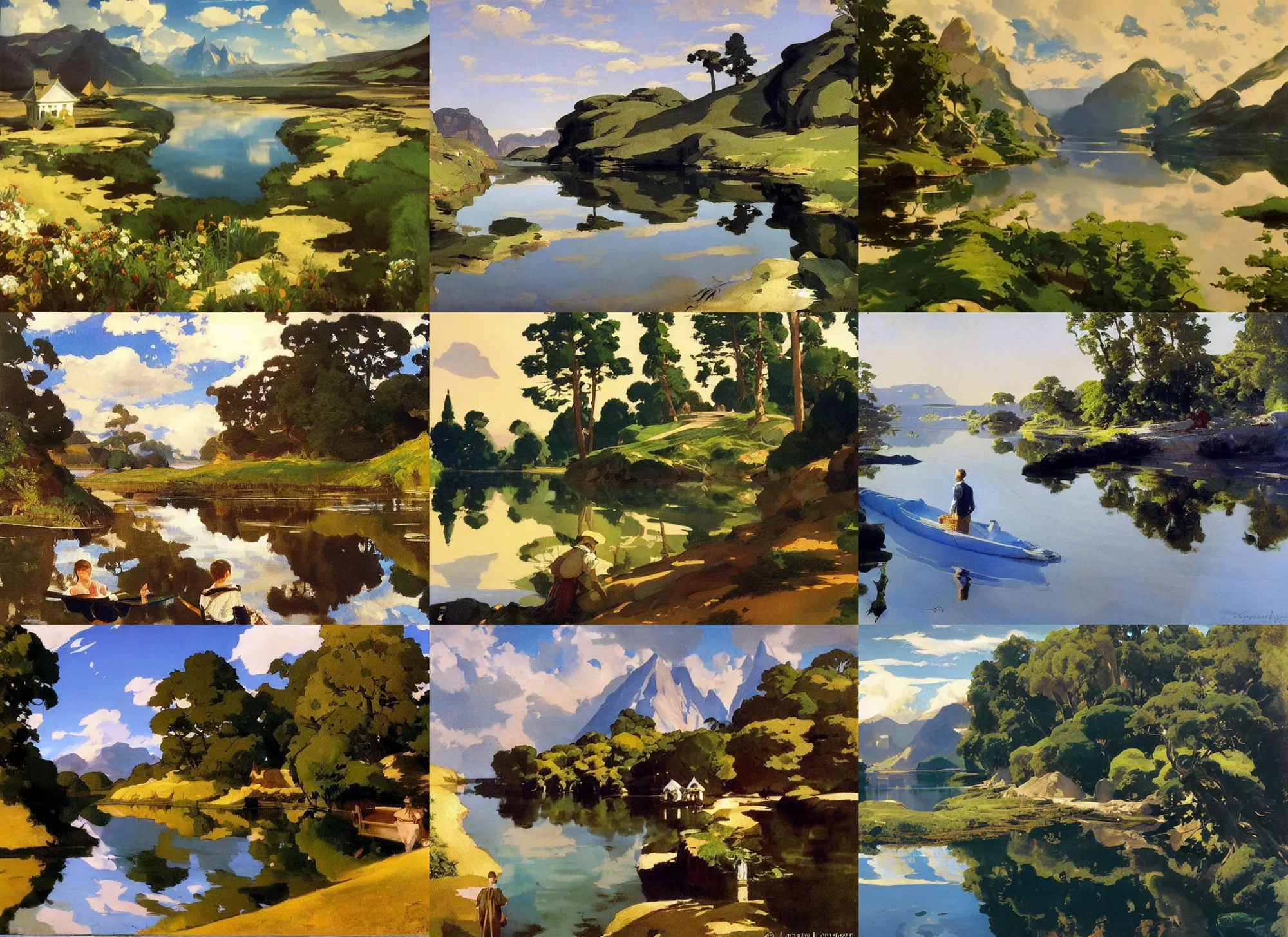 Prompt: painting by sargent and leyendecker and greg hildebrandt savrasov levitan polenov, studio ghibli, middle earth landscape, wide river and lakes masterpiece