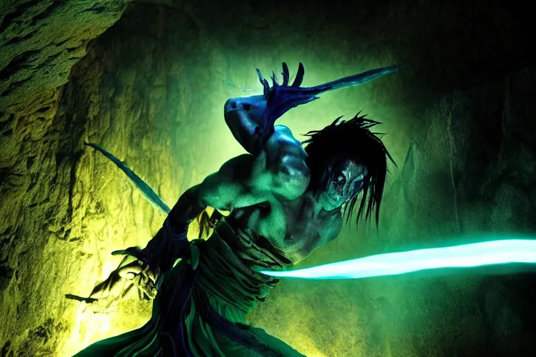 Image similar to vfx film, soul reaver, raziel irl, price of persia movie, missing jaw, hero pose, devouring magic souls, glowing green soul blade, in epic ancient sacred huge cave temple, flat color profile low - key lighting award winning photography arri alexa cinematography, hyper real photorealistic cinematic beautiful, atmospheric cool colorgrade