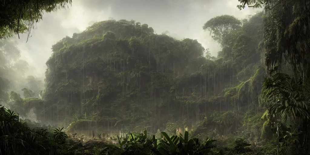 Prompt: An epic matte painting of a partially overgrown coloseum in the jungle, dark, mysterious, by Greg Rutkowski and Raphael Lacoste, intricate, gorgeous, tropical, stunning, 4k resolution, featured on artstation, f16