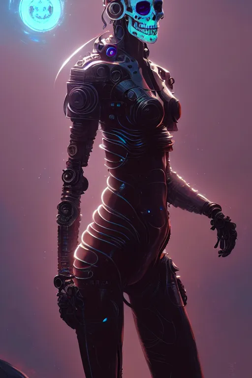 Image similar to ultra detailed Female Android, scifi, fantasy, octane render, (dia de los muertos), asymmetrical, intricate concept art, art by Godmachine and michael welan and DZO and greg rutkowski and alphonse mucha and loish and WLOP