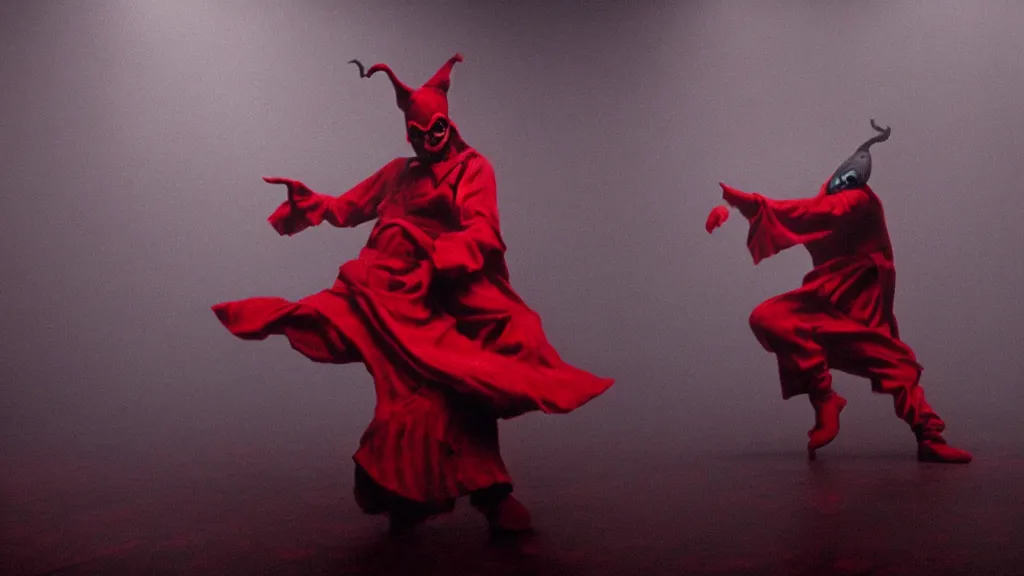 Prompt: a scary jester dances in a black and red checkered room, film still from the movie directed by Denis Villeneuve with art direction by Zdzisław Beksiński, wide lens