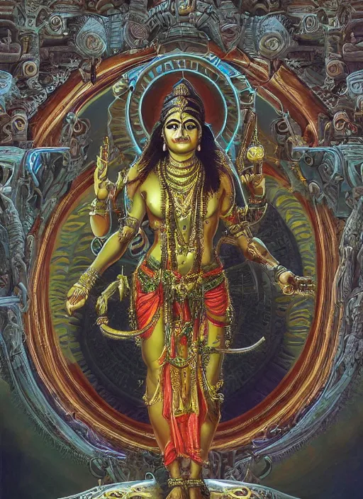 Image similar to highly detailed picture of cybertronic statue of shiva in a hindu temple, edge of the universe, perfectly symmetrical face, elegant, centered, digital painting, artstation, concept art, smooth, sharp focus, illustration, golden ratio, perfect symmetrical, intricate, by boris vallejo, masterpiece, book by gene wolfe, highly detailed painting by gustave dore