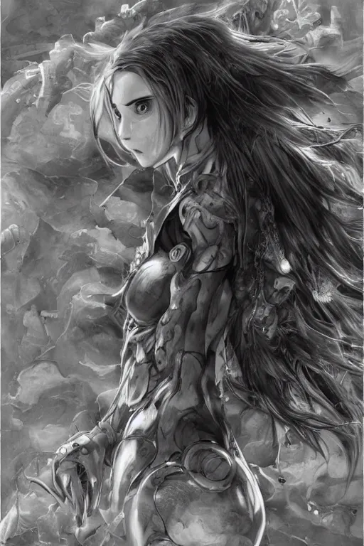 Image similar to a vertical portrait of a character in a scenic environment by Yoshitaka Amano, black and white, dreamy, cybernetic suit, wavy long black hair, highly detailed