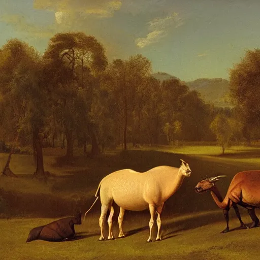 Image similar to oil painting by george stubbs of a man posing with a hippopotamus and a llama in a meadow at dawn.