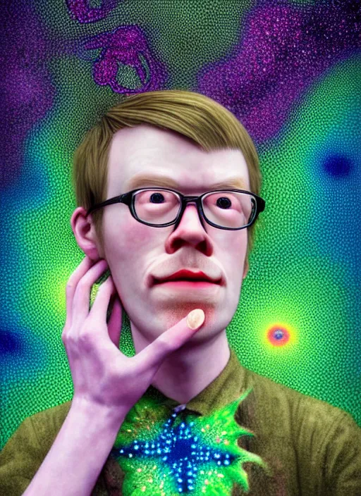 Image similar to hyper detailed 3d render like a Oil painting - kawaii portrait of Hank Green in Aurora (Singer) seen Eating of the Strangling network of yellowcake aerochrome and milky Fruit and Her delicate Hands hold of gossamer polyp blossoms bring iridescent fungal flowers whose spores black the foolish stars by Jacek Yerka, Mariusz Lewandowski, Houdini algorithmic generative render, Abstract brush strokes, Masterpiece, Edward Hopper and James Gilleard, Zdzislaw Beksinski, Mark Ryden, Wolfgang Lettl, hints of Yayoi Kasuma, octane render, 8k