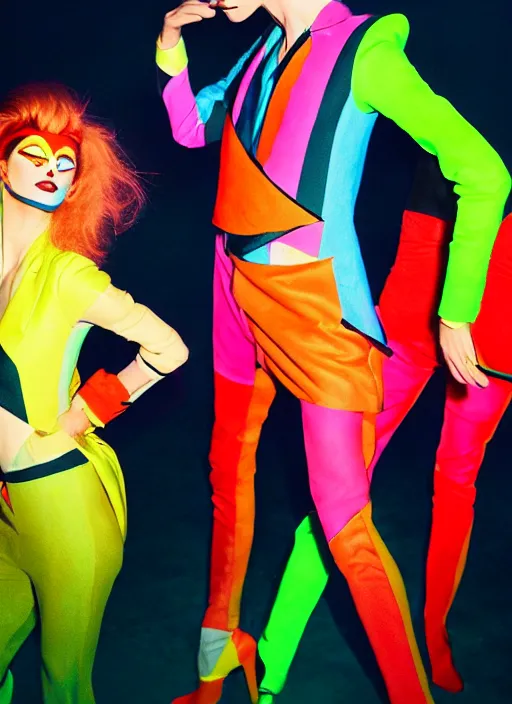 Image similar to david bowie music clip with dancers dressed by sonia delaunay clothing, neon lights, photorealistic, eastman kodak