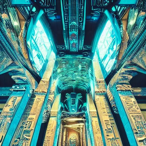 Image similar to a scene of a beautiful intricate epic futuristic hyper detailed cyber sphynx of egypt, cinematic lighting taken from the ground looking up