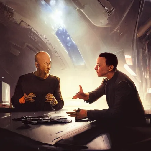 Image similar to illustration of a meeting between elon musk, mark zuckenberg, jeff bezos, very clear face, high quality, very detailled, by artgem, by david rutkowski, greg ruthowski, yoji shinkawa, ruan jia