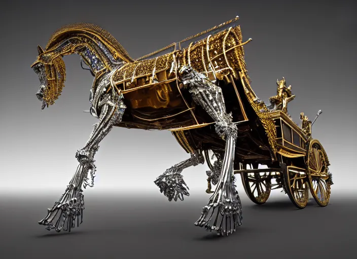 Prompt: ceremonial horse drawn stagecoach, white pearlescent, chrome, iridescent titanium, crystal, liquid gold, copper, bronze hybrid biomechanical architecture, cinematic, crystalline masterpiece incrustations, hyperdetailed metalwork, in volumetric soft glowing mist, movie still, octane render, pixar, crepuscular rays,