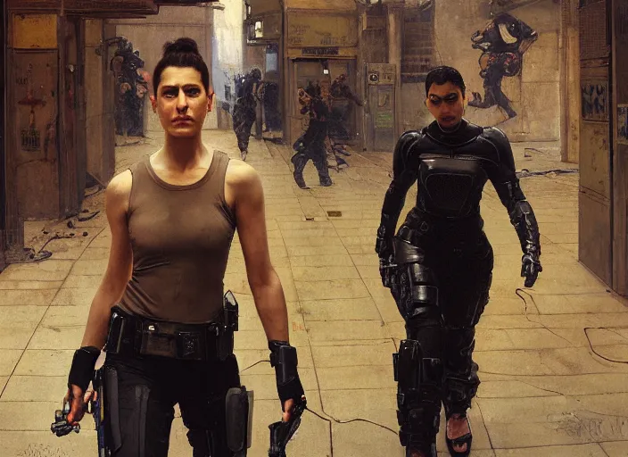 Image similar to Sara evades sgt Griggs. Athletic Cyberpunk hacker escaping Menacing Cyberpunk police trooper griggs. (dystopian, police state, Cyberpunk 2077, bladerunner 2049). Iranian orientalist portrait by john william waterhouse and Edwin Longsden Long and Theodore Ralli and Nasreddine Dinet, oil on canvas. Cinematic, vivid colors, hyper realism, realistic proportions, dramatic lighting, high detail 4k