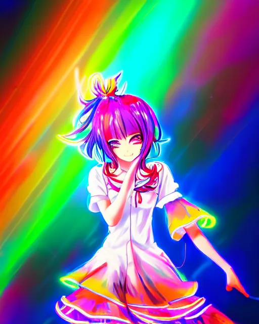 Image similar to anime style, vivid, expressive, full body, 4 k, painting, a cute magical girl idol with a long wavy colorful hair wearing a colorful dress, correct proportions, stunning, realistic light and shadow effects, neon lights, studio ghibly makoto shinkai yuji yamaguchi