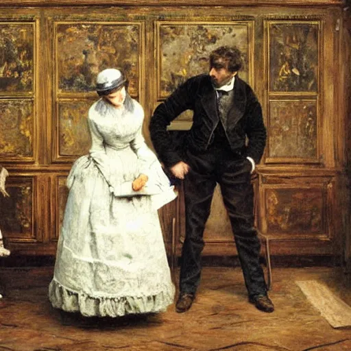 Image similar to a man and a woman solving an escape room puzzle alfred stevens