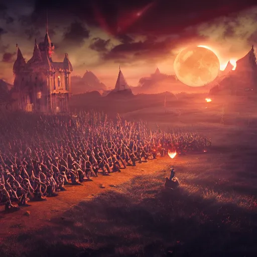 Prompt: epic battlefield of thousands of smurfs with medieval weapons battling, red moon shining golden red light hidden behind clouds, miniaturecore, supremely digital, medieval, unreal engine, super detailed, outstanding detail, dreamlike lighting, god rays