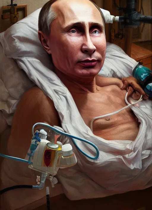 Image similar to a super very hyperrealistic oil painting of ill Vladimir Putin as a patient wearing an oxygen mask on a death bed inhaling from Copium tank that stand near his bed, visible face, by Laurie Greasley, Lawrence Alma-Tadema, Dan Mumford, artstation, deviantart, FAN ART, full of color, Digital painting, face enhance, highly detailed, 8K, octane, golden ratio, cinematic lighting