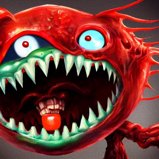 Prompt: evil monster with gummy teeth. Scary. Eating kids. Smiley face. High details, digital painting, artstation, 4k.
