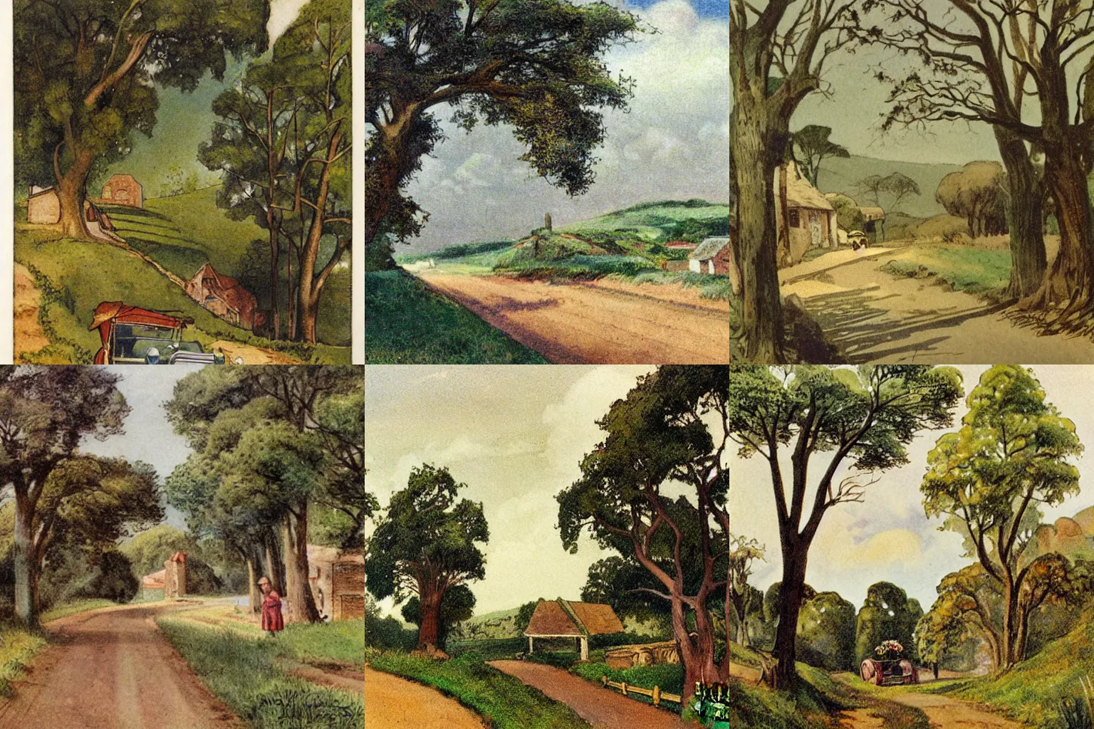 Prompt: 1920s country lane with an automobile By Charles Maurice Detmold