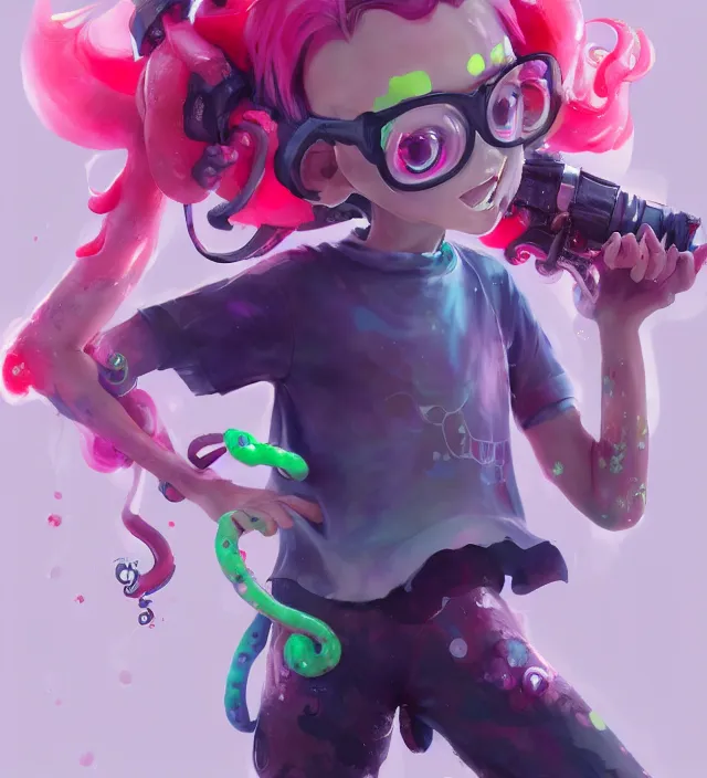 Image similar to a beautiful fullbody portrait of a cute splatoon anime boy with pink tentacle hair wearing tshirt leggings under shorts. character design by cory loftis, fenghua zhong, ryohei hase, ismail inceoglu and ruan jia. artstation, volumetric light, detailed, photorealistic, fantasy, rendered in octane