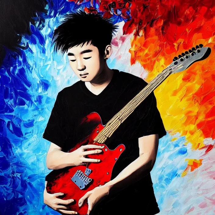 Image similar to abstract large swirly brush strokes painting of a young korean man wearing stylish black v neck t shirt holding a telecaster!!! electric guitar!!, candid!! dark background, huge thick flowing dramatic brush strokes, matte colors, abstract, impressionist, motion, trending on artstation