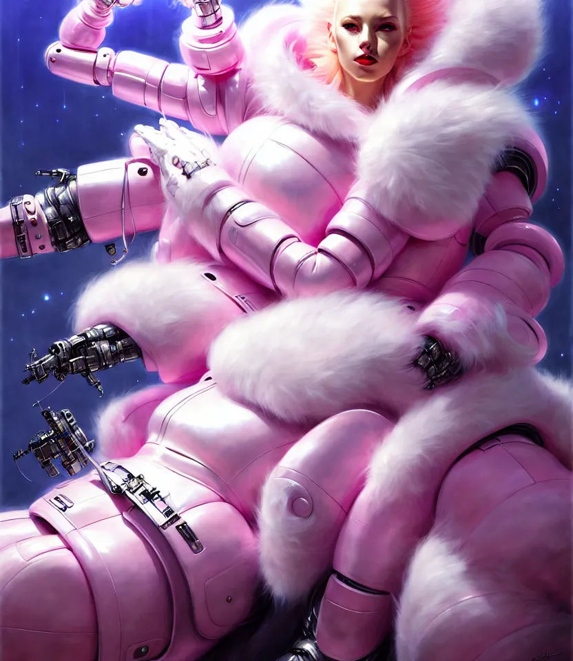 Image similar to beautiful fantasy character portrait, wearing pink puffy bomber jacket with white fur, seductive reclining pose, futuristic robots sitting, ultra realistic, dramatic lighting, robots, the fifth element artifacts, highly detailed by peter mohrbacher, hajime sorayama, wayne barlowe, boris vallejo, aaron horkey, gaston bussiere, craig mullins