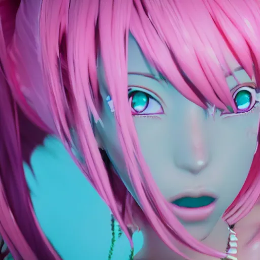 Prompt: symmetrical image taken from an extremely low angle at her feet of a stunningly beautiful omnipotent anime goddess with pink hair and mesmerizing cyan eyes, unreal engine 5, 8 k