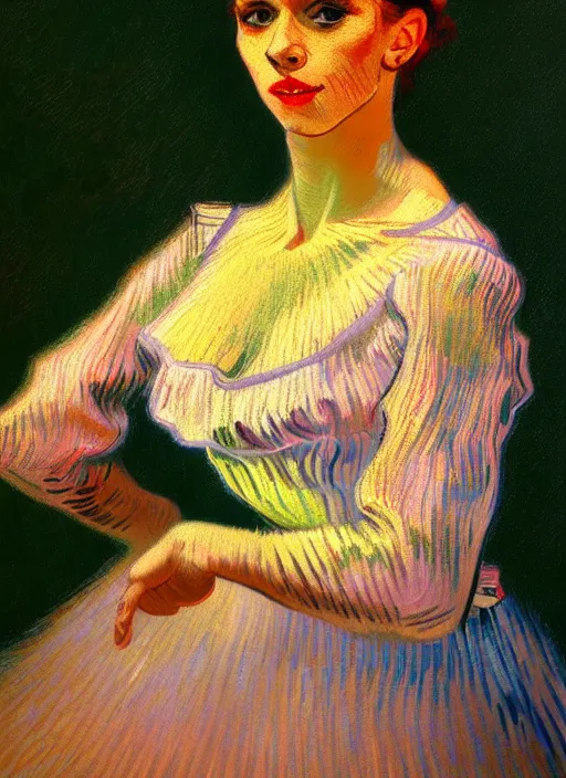Image similar to portrait of a beautiful parisian dancer, detailed face in painting, beautiful expressionist oil painting masterpiece, 8 k resolution, smooth, sharp focus, pastel color palette, trending on artstation, by van gogh