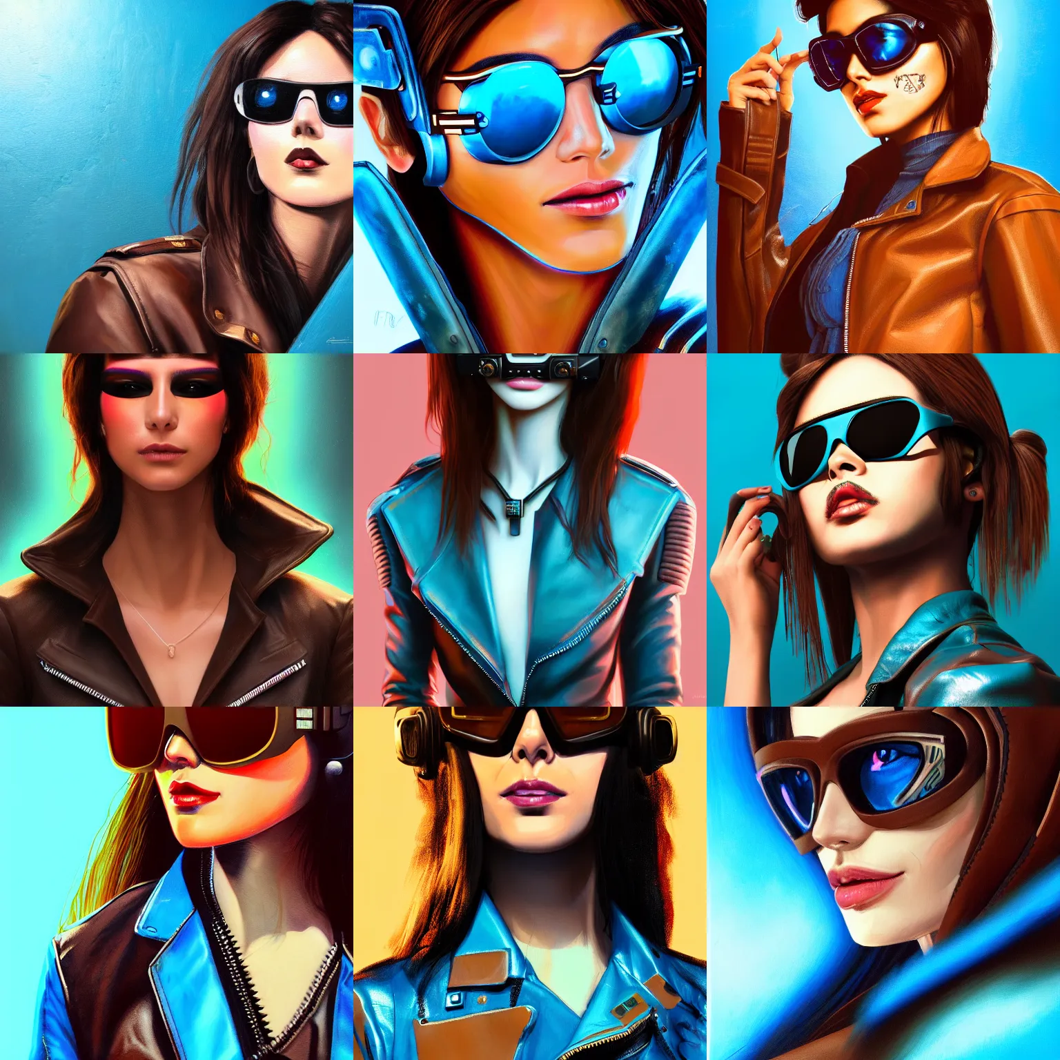 Prompt: 3 / 4 view closeup painting of a very beautiful young mexican cyberpunk woman smirking, wearing light blue shutter shades and a dark brown leather jacket, one side haircut, long brown hair with light blue ends, portrait, hyperdetailed, artstation, cgsociety, 8 k, synthwave by tangerine dream