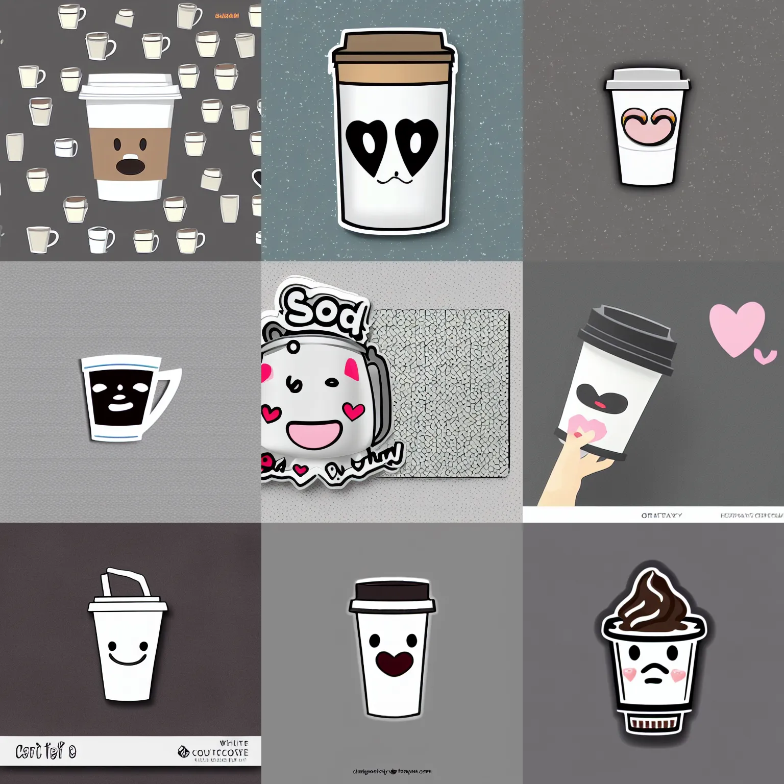 Prompt: die cut sticker with a white border, cartoon paper coffee cup, sad kawaii face, gray background, flat vector graphic
