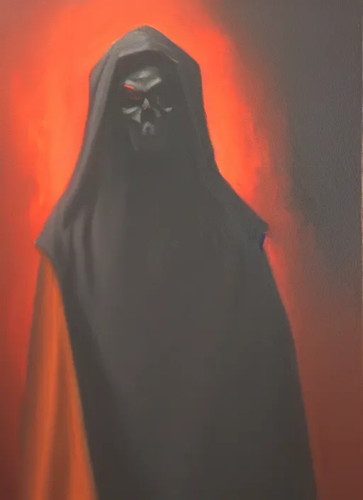 Prompt: an oil concept art painting of a dark figure wearing a red robe by noah bardley, detailed, digital art, trending on artstation, mysterious, dark atmosphere, cinematic lighting, cinematic