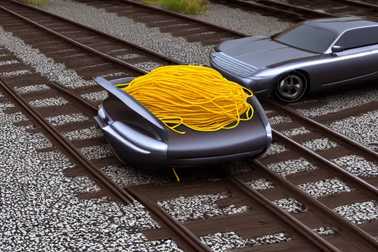 Image similar to HD luxury render of a car made of spaghetti on train tracks, product photo, rendered in unreal engine 6, clean luxury sports car, spaghetti car, car made of pasta, spaghetti, 4k