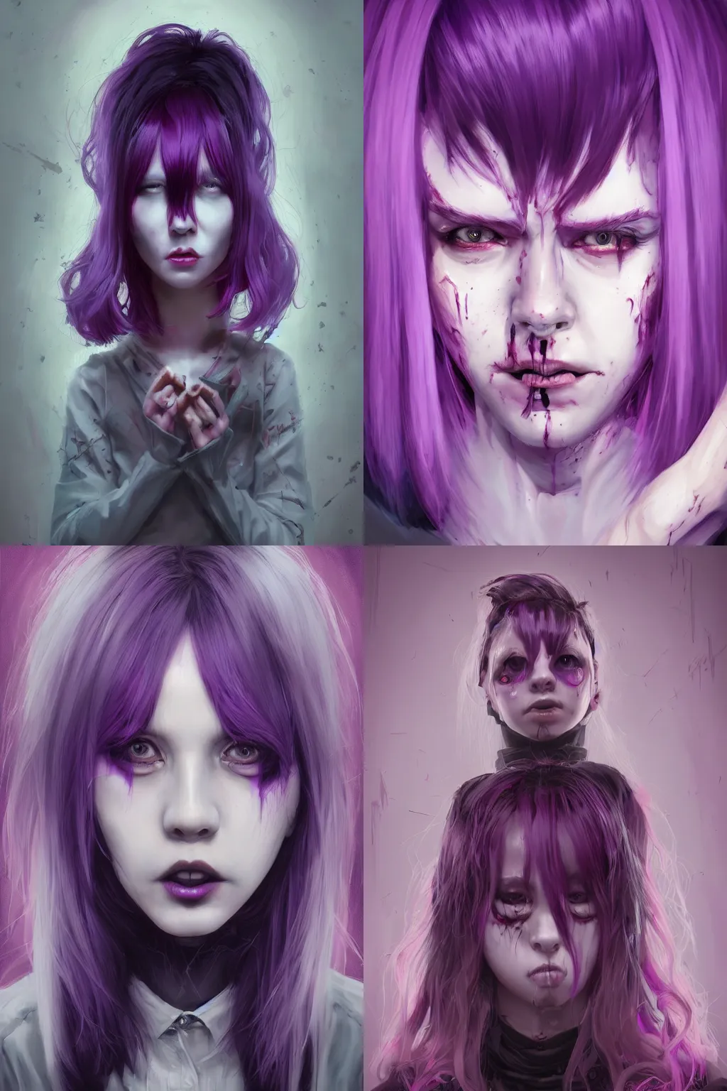 Prompt: portrait of a creepy horror girl purple hair by Tooth Wu, wlop, dan mumford , trending on artstation, greg rutkowski very coherent symmetrical artwork. cinematic, hyper realism, high detail, octane render, 8k