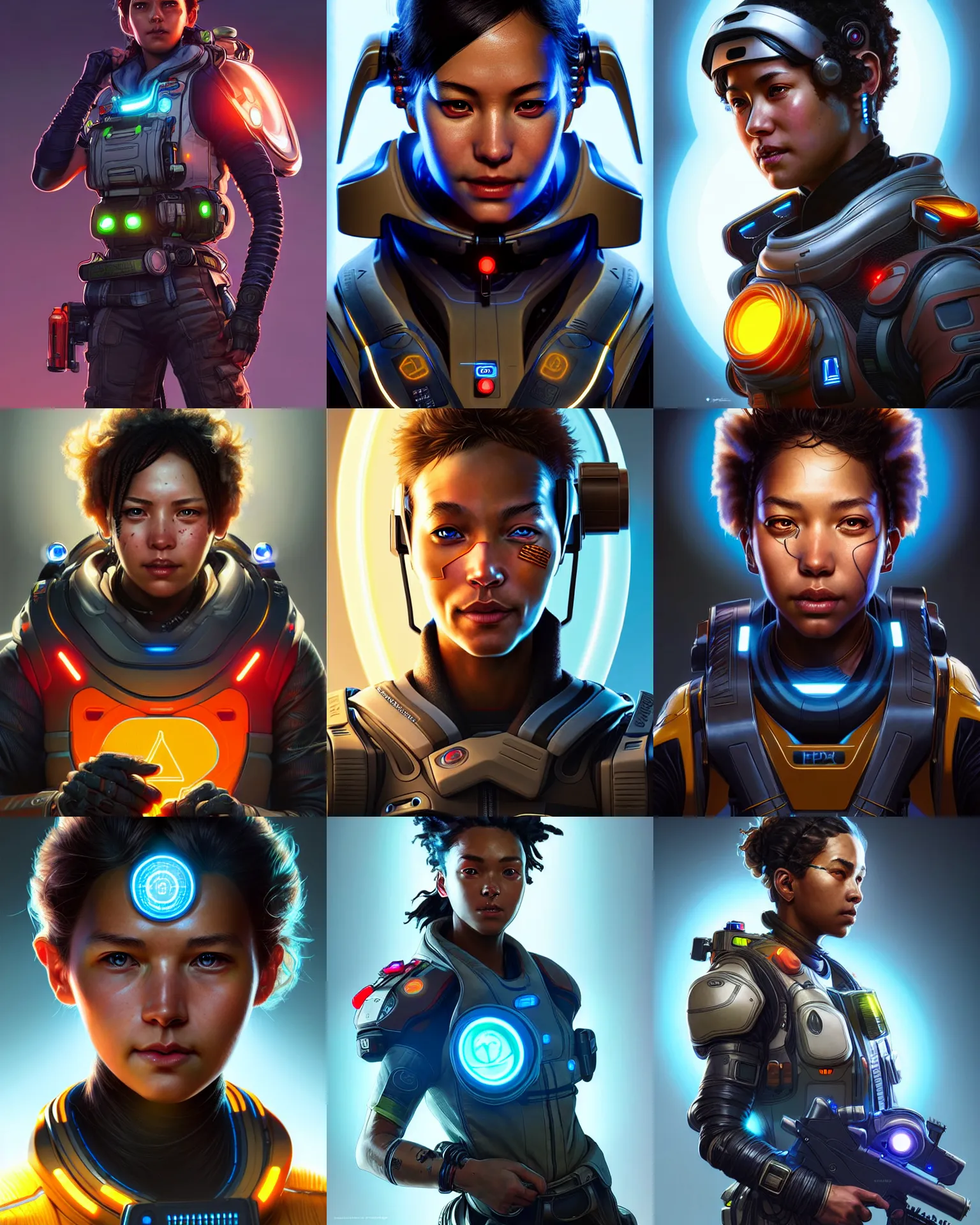 Prompt: future technology glowing as an apex legends character digital illustration portrait design by, mark brooks and brad kunkle detailed, gorgeous lighting, wide angle action dynamic portrait