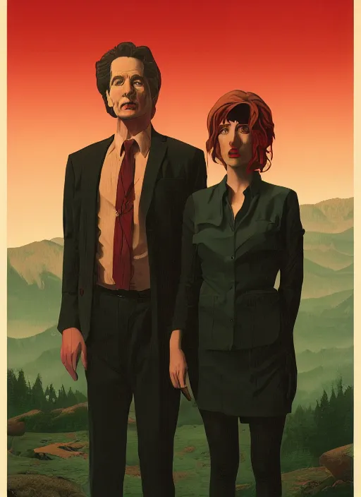 Prompt: Twin Peaks poster artwork by Michael Whelan and Tomer Hanuka, Rendering the agents from The X-Files appear in town and don't know how they got there, full of details, by Makoto Shinkai and thomas kinkade, Matte painting, trending on artstation and unreal engine