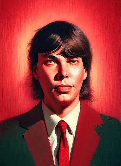 Prompt: portrait of tom jobim with bangs, 1 9 6 0 s, long hair, red clothes, bangs, intricate, elegant, glowing lights, highly detailed, digital painting, artstation, concept art, smooth, sharp focus, illustration, art by wlop, mars ravelo and greg rutkowski