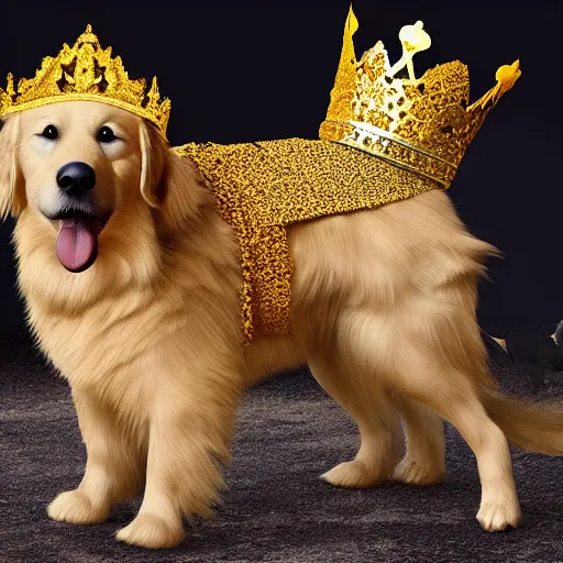 Prompt: Photomanipulation of golden retriver is dressed as a king, ultrarealism, photorealism, detailed, crown and gown