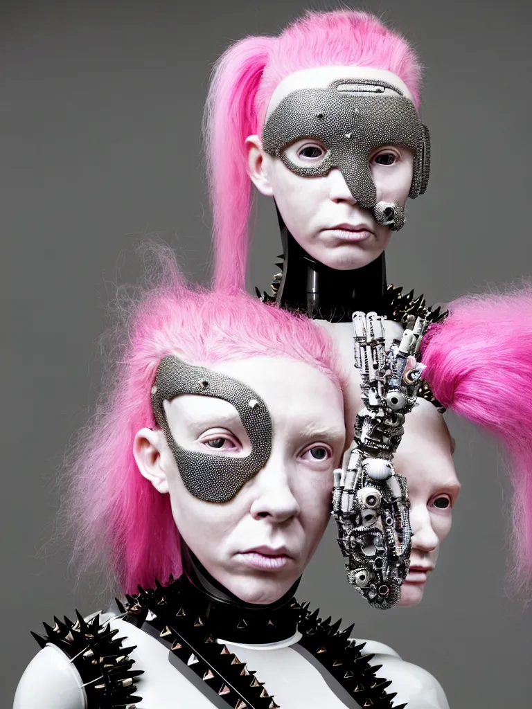 Image similar to portrait of a biomechanical goddess wearing a steel spikes studded iridescent beauty mask and pink hair buns, wearing a black bodysuit by alexander mcqueen, cream white background, soft diffused light, biotechnology, humanoid robot, perfectly symmetric, bjork aesthetic, translucent, by rineke dijkstra, intricate details, highly detailed, masterpiece,