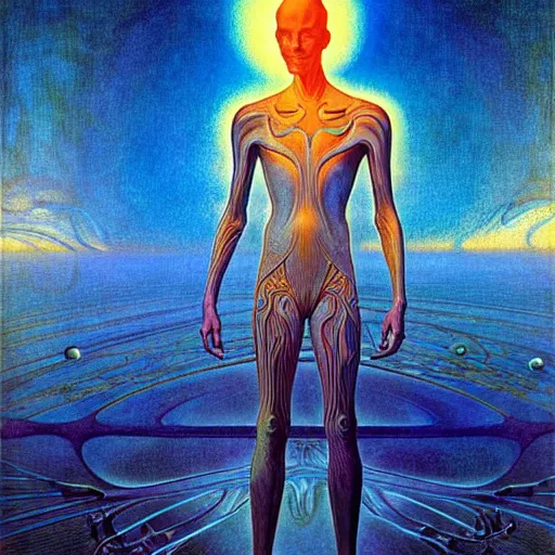 Image similar to realistic extremely detailed portrait painting of a glowing male silhouette, futuristic sci-fi landscape on background by Jean Delville, Amano, Yves Tanguy, Alphonse Mucha, Ernst Haeckel, Edward Robert Hughes, Roger Dean, rich moody colours, blue eyes